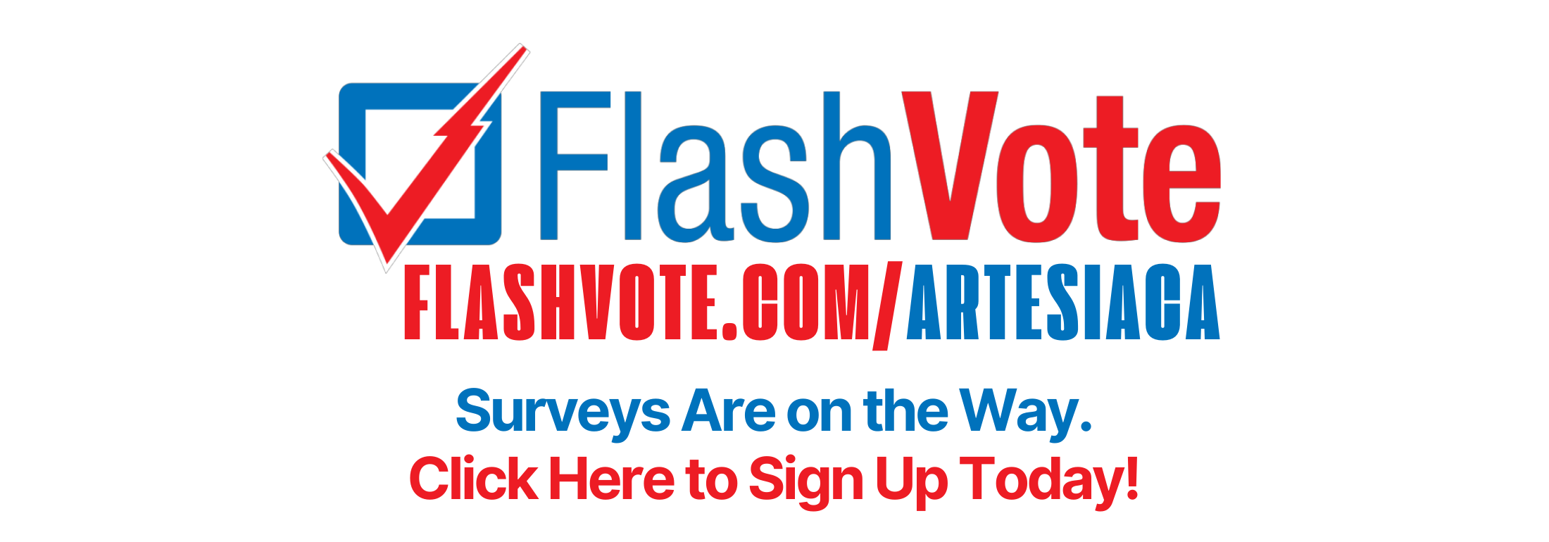 FlashVote logo with checkmark and lightning bolt. Text promotes surveys and sign-up at flashvote.com